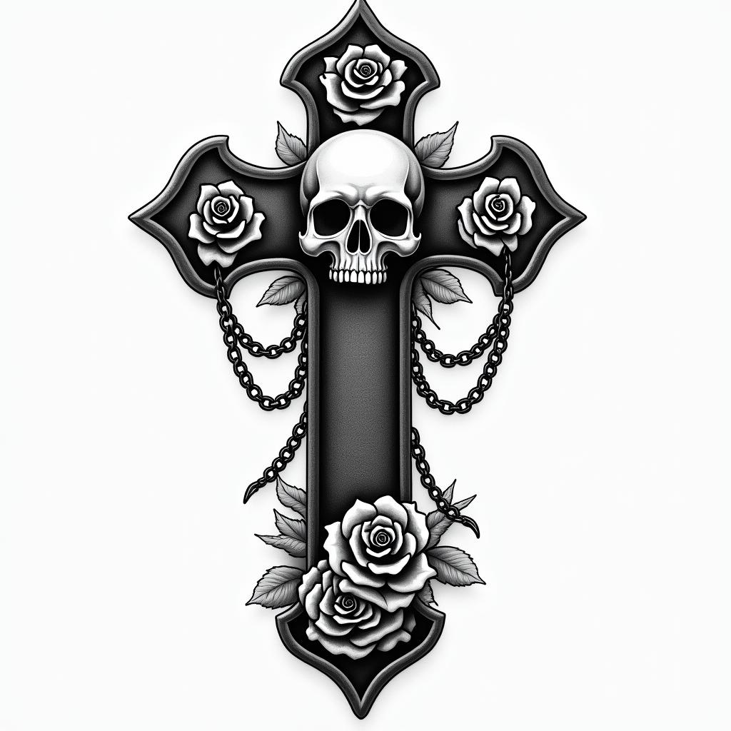 Bruhain chicano style tattoo, featuring intricate black and grey shading, bold elements of traditional chicano culture symbols, add a big cross with skull, chains and roses - Variation 2