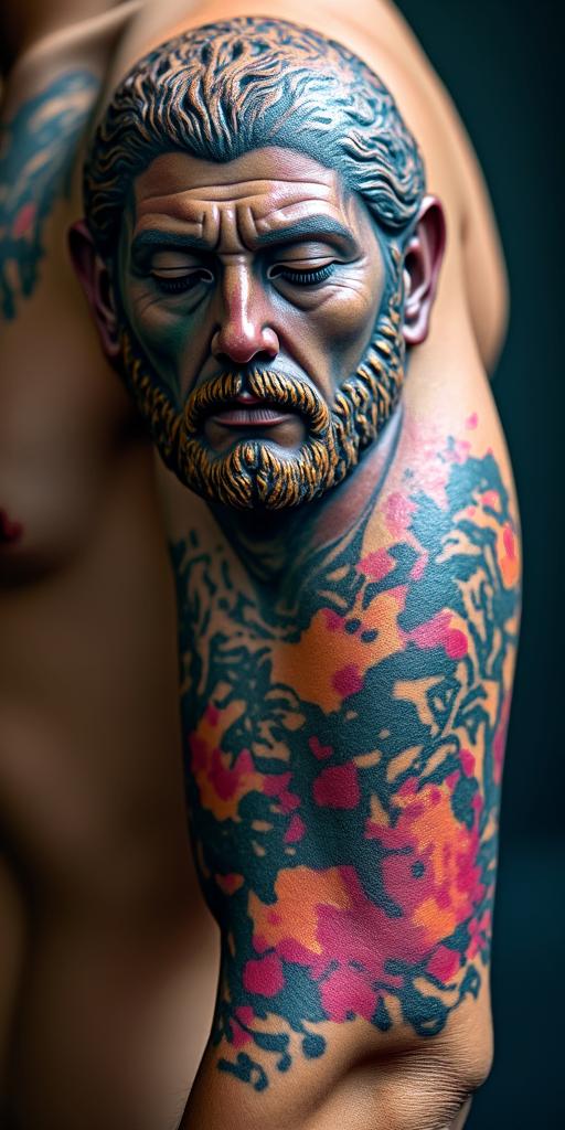 Epic warriorsin distorted and fragmented tattoo design, featuring a classical statue bust, in a glitch art style with vibrant, overlapping colors of cyan, magenta, and yellow, creating a digital distortion effect