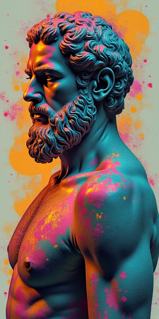 Epic warriorsin distorted and fragmented tattoo design, featuring a classical statue bust, in a glitch art style with vibrant, overlapping colors of cyan, magenta, and yellow, creating a digital distortion effect - Variation 3