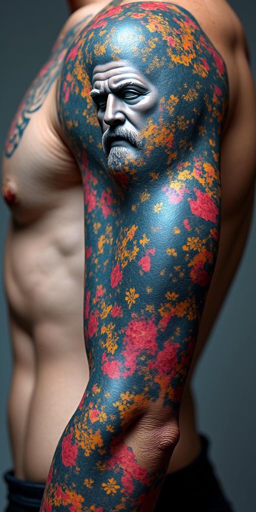 Epic warriorsin distorted and fragmented tattoo design, featuring a classical statue bust, in a glitch art style with vibrant, overlapping colors of cyan, magenta, and yellow, creating a digital distortion effect - Variation 2