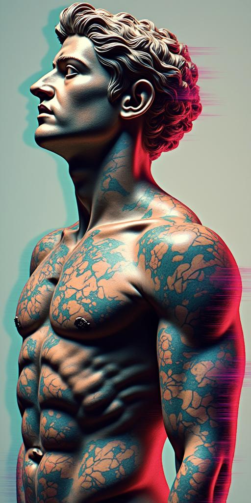 Epic warriorsin distorted and fragmented tattoo design, featuring a classical statue bust, in a glitch art style with vibrant, overlapping colors of cyan, magenta, and yellow, creating a digital distortion effect - Variation 4