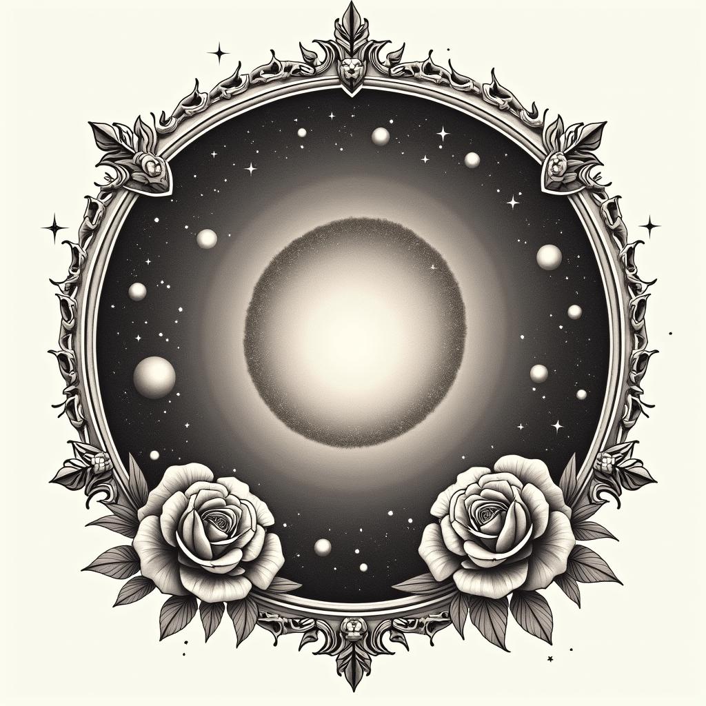 Spiral galaxy with stars and planetsin victorian style tattoo, featuring vintage and elegant elements, ornate frames, roses, antique, sepia-toned color scheme - Variation 4