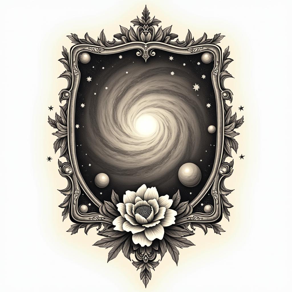 Spiral galaxy with stars and planetsin victorian style tattoo, featuring vintage and elegant elements, ornate frames, roses, antique, sepia-toned color scheme - Variation 2