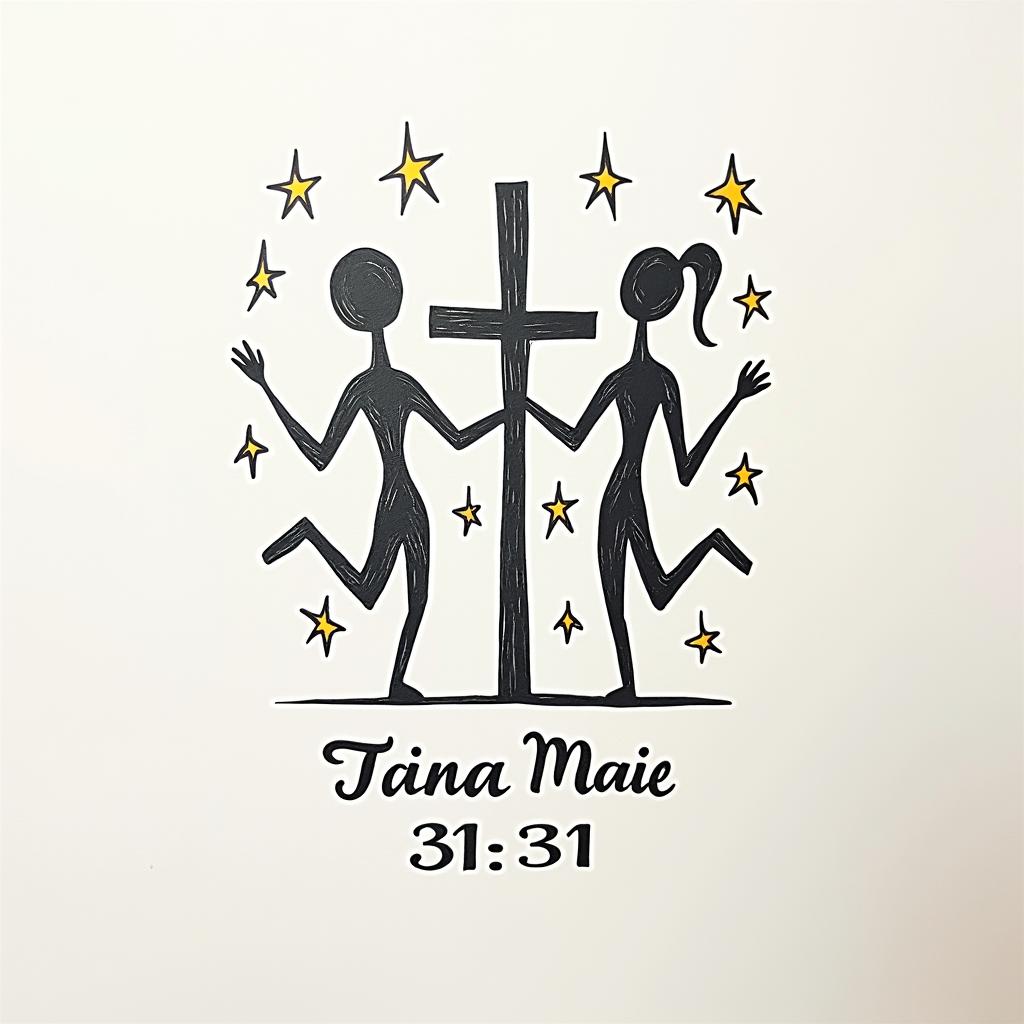 Make me a tattoo that has the name Tina Marie on it and make it with stars and a cross with the Bible verse 
proverb 31:31abstract dancing figures in Keith Haring style, featuring bold black outlines and solid color fills, figures posed in dynamic and playful dance movements, minimalist design - Variation 3