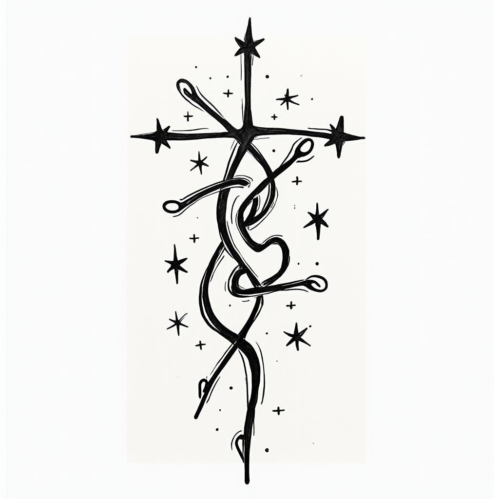 Make me a tattoo that has the name Tina Marie on it and make it with stars and a cross with the Bible verse 
proverb 31:31abstract dancing figures in Keith Haring style, featuring bold black outlines and solid color fills, figures posed in dynamic and playful dance movements, minimalist design - Variation 2