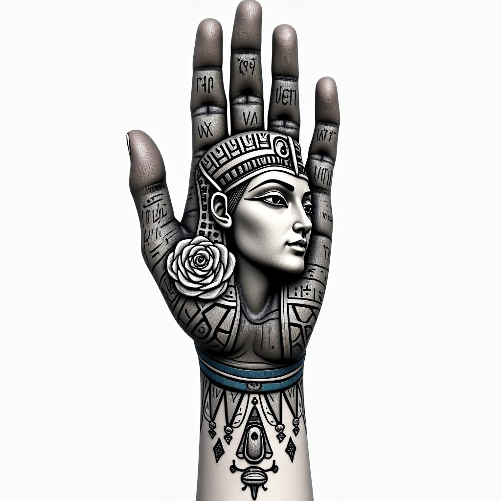 Half hand tattoo with spartian and text - veni vidi vici and Rose with blue water pilin egyptian style tattoo, bold elements of ancient egyptian culture including a portrait of an Egyptian pharaoh with detailed facial features, in hieroglyphs and symbolic imagery, eye of horus, ankh symbol, scarab beetle - Variation 1
