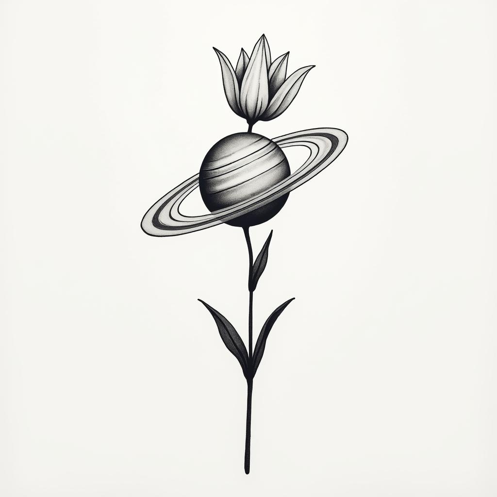 A minimalist tattoo design featuring a subtle representation of the planet Saturn intertwined with a discreet tulip, symbolizing cherished laughter and moments of connection with Ana, reflecting a deep emotional bond.higly detailed tattoo - Variation 4