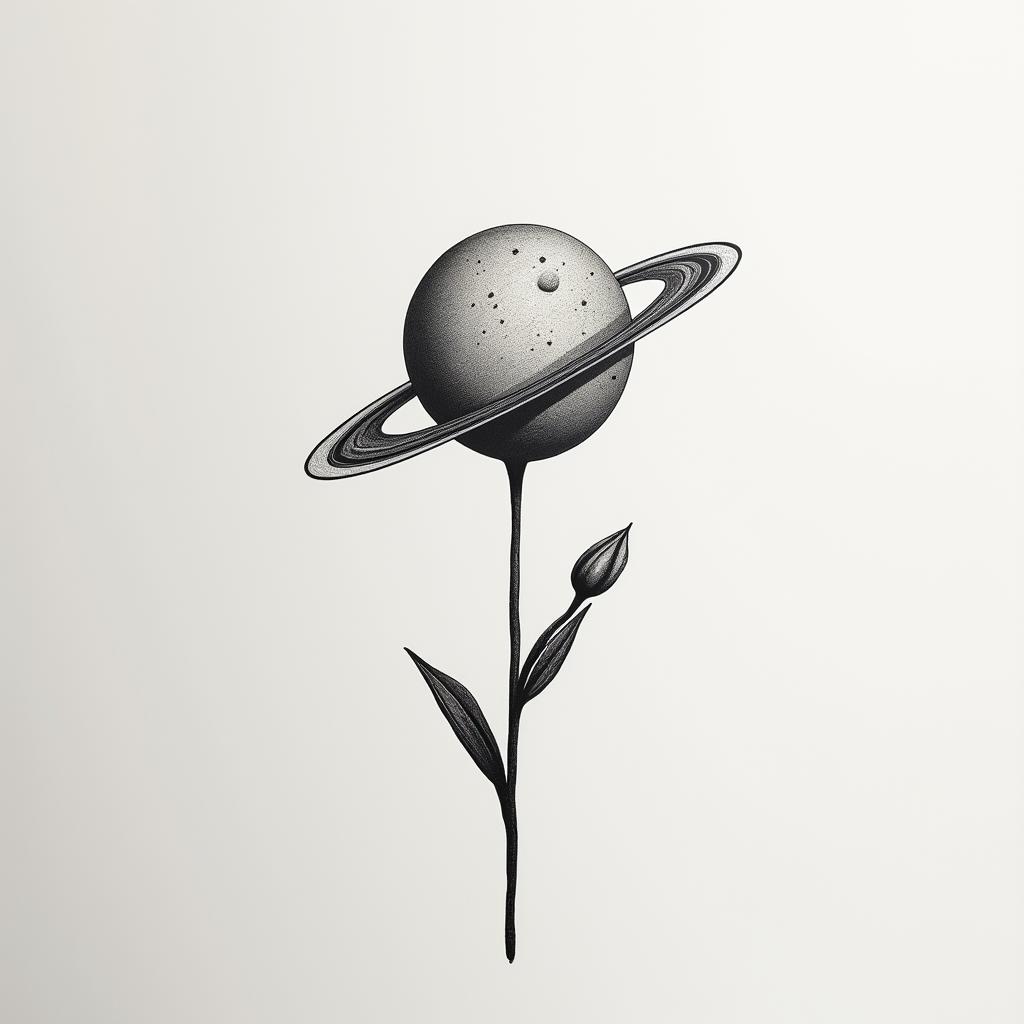 A minimalist tattoo design featuring a subtle representation of the planet Saturn intertwined with a discreet tulip, symbolizing cherished laughter and moments of connection with Ana, reflecting a deep emotional bond.higly detailed tattoo - Variation 3