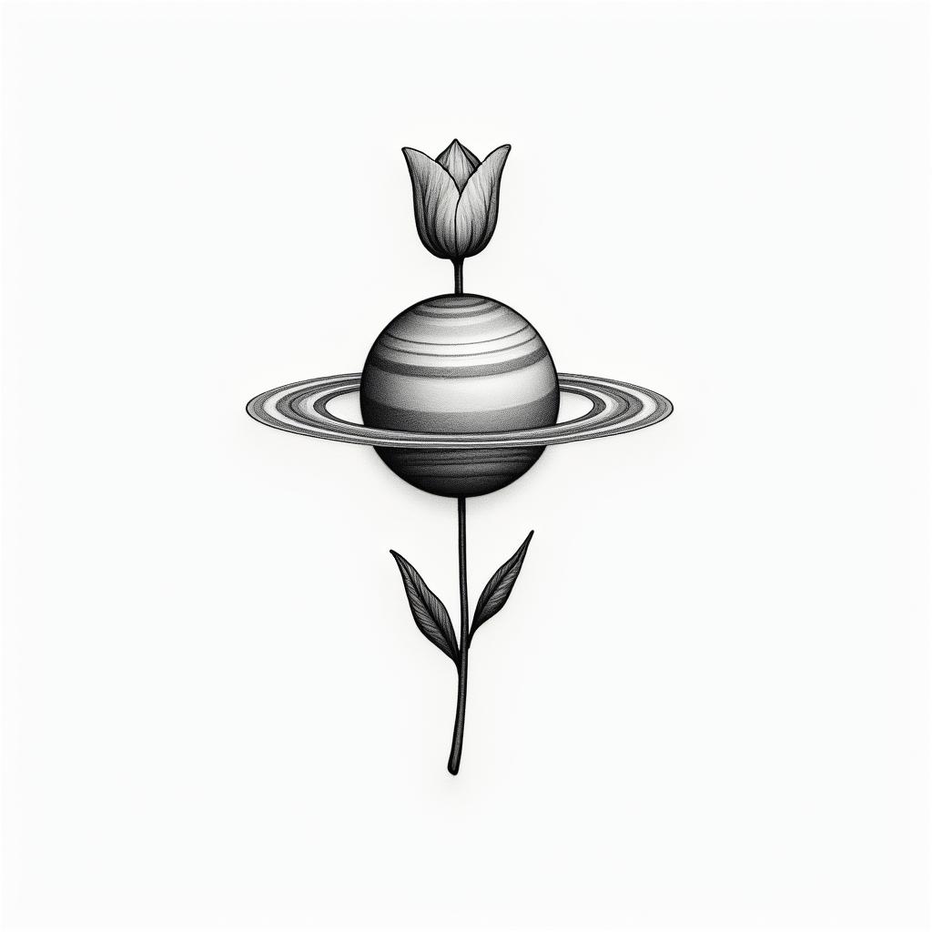 A minimalist tattoo design featuring a subtle representation of the planet Saturn intertwined with a discreet tulip, symbolizing cherished laughter and moments of connection with Ana, reflecting a deep emotional bond.higly detailed tattoo - Variation 2