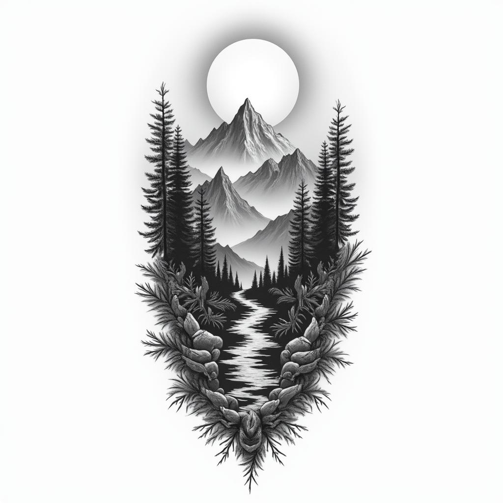 A monochromatic tattoo design representing Serena, a Scorpio born on November 21, capturing her love for adventure with imagery of mountains symbolizing curves of the human body and a spirit of nature. Incorporate elements of horses, gardening, and dancing, intertwined with symbols of thunderstorms to evoke excitement. Include visuals of the 64 national parks theme, reflecting the journey of exploration and friendship in a spiritual setting.higly detailed tattoo - Variation 4