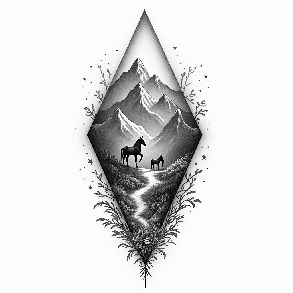 A monochromatic tattoo design representing Serena, a Scorpio born on November 21, capturing her love for adventure with imagery of mountains symbolizing curves of the human body and a spirit of nature. Incorporate elements of horses, gardening, and dancing, intertwined with symbols of thunderstorms to evoke excitement. Include visuals of the 64 national parks theme, reflecting the journey of exploration and friendship in a spiritual setting.higly detailed tattoo - Variation 3
