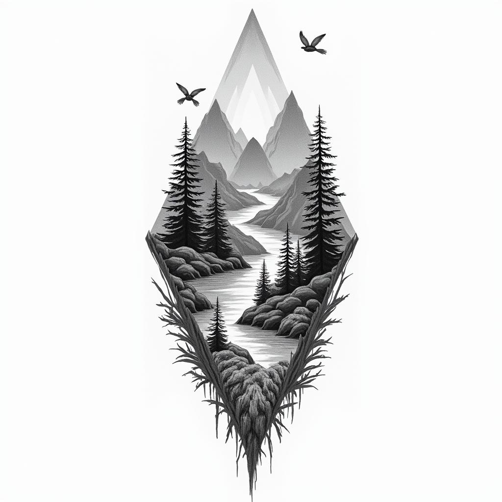 A monochromatic tattoo design representing Serena, a Scorpio born on November 21, capturing her love for adventure with imagery of mountains symbolizing curves of the human body and a spirit of nature. Incorporate elements of horses, gardening, and dancing, intertwined with symbols of thunderstorms to evoke excitement. Include visuals of the 64 national parks theme, reflecting the journey of exploration and friendship in a spiritual setting.higly detailed tattoo - Variation 2