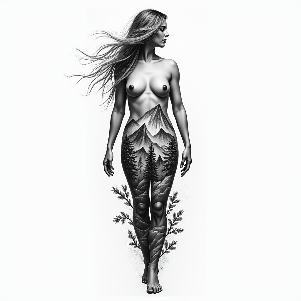 A monochromatic tattoo design representing Serena, a Scorpio born on November 21, capturing her love for adventure with imagery of mountains symbolizing curves of the human body and a spirit of nature. Incorporate elements of horses, gardening, and dancing, intertwined with symbols of thunderstorms to evoke excitement. Include visuals of the 64 national parks theme, reflecting the journey of exploration and friendship in a spiritual setting.higly detailed tattoo