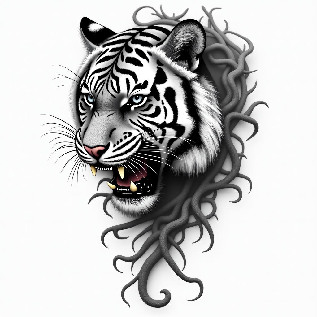 Tiger vinesin realism tattoo style, featuring a highly detailed, lifelike, capturing every detail, photorealistic, ultra realistic, intricate shading, smooth and sharp,
