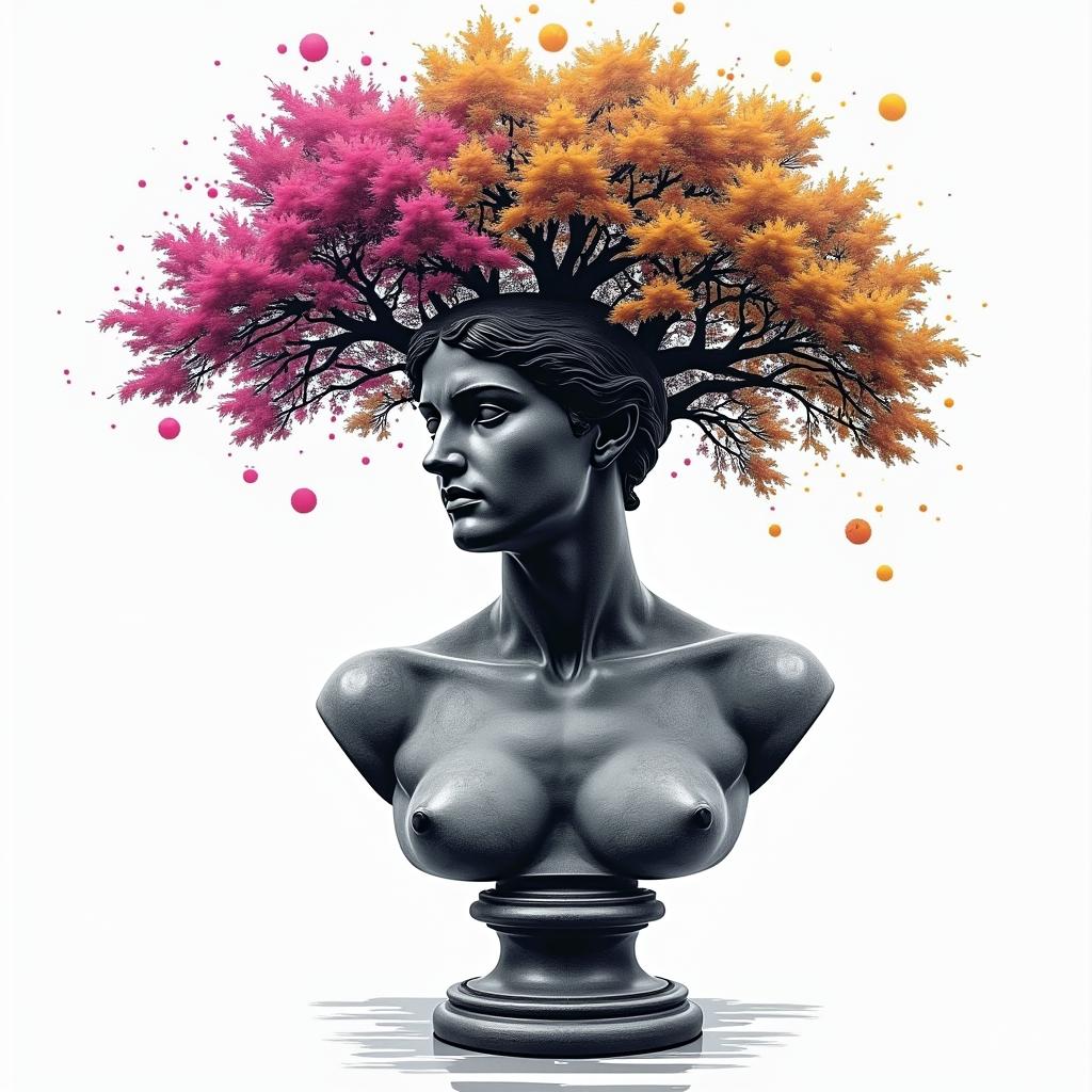 Tree of lifein distorted and fragmented tattoo design, featuring a classical statue bust, in a glitch art style with vibrant, overlapping colors of cyan, magenta, and yellow, creating a digital distortion effect - Variation 2