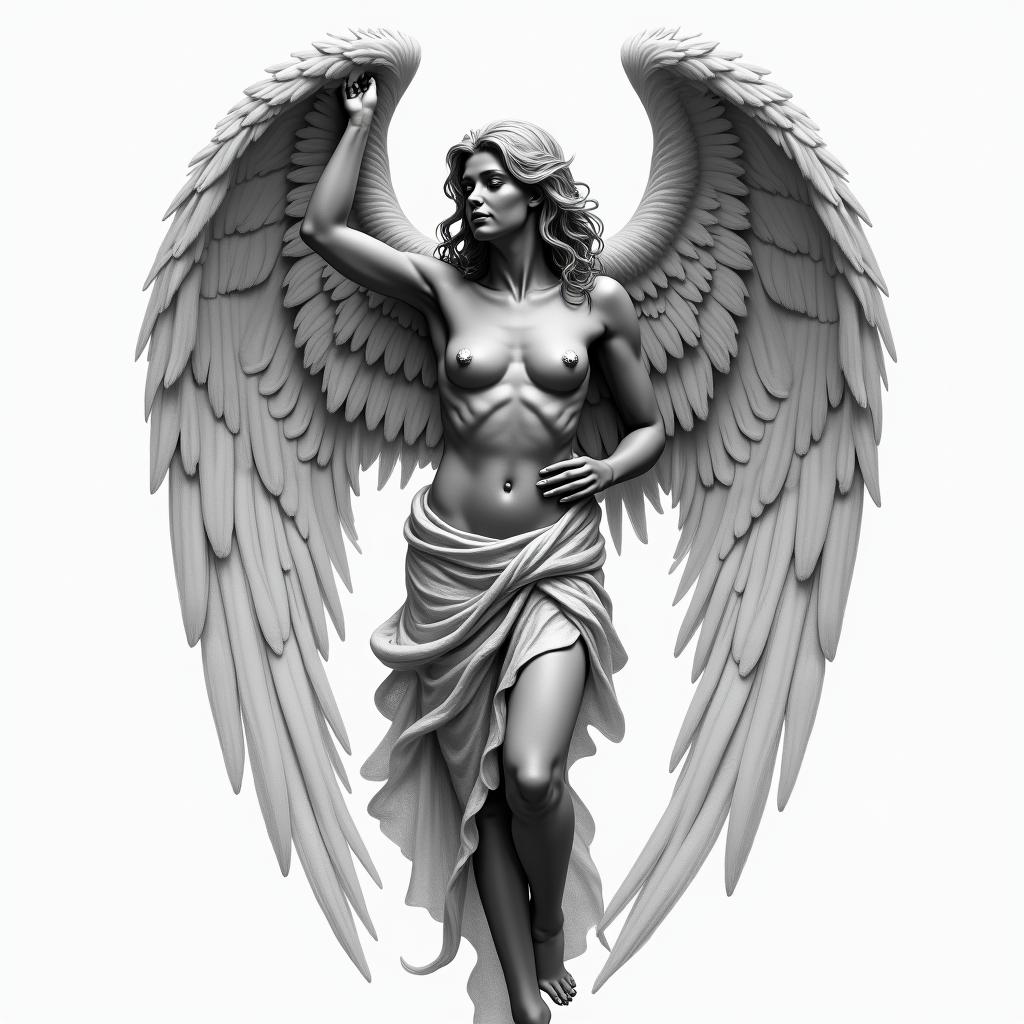 Guadarian angelin realism tattoo style, featuring a highly detailed, lifelike, capturing every detail, photorealistic, ultra realistic, intricate shading, smooth and sharp,   - Variation 2