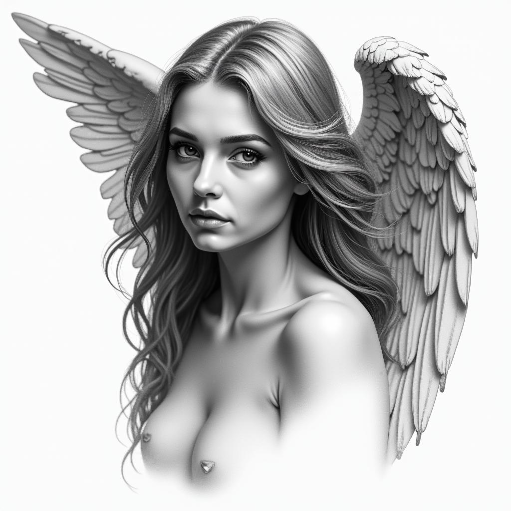 Guadarian angelin realism tattoo style, featuring a highly detailed, lifelike, capturing every detail, photorealistic, ultra realistic, intricate shading, smooth and sharp,   - Variation 3