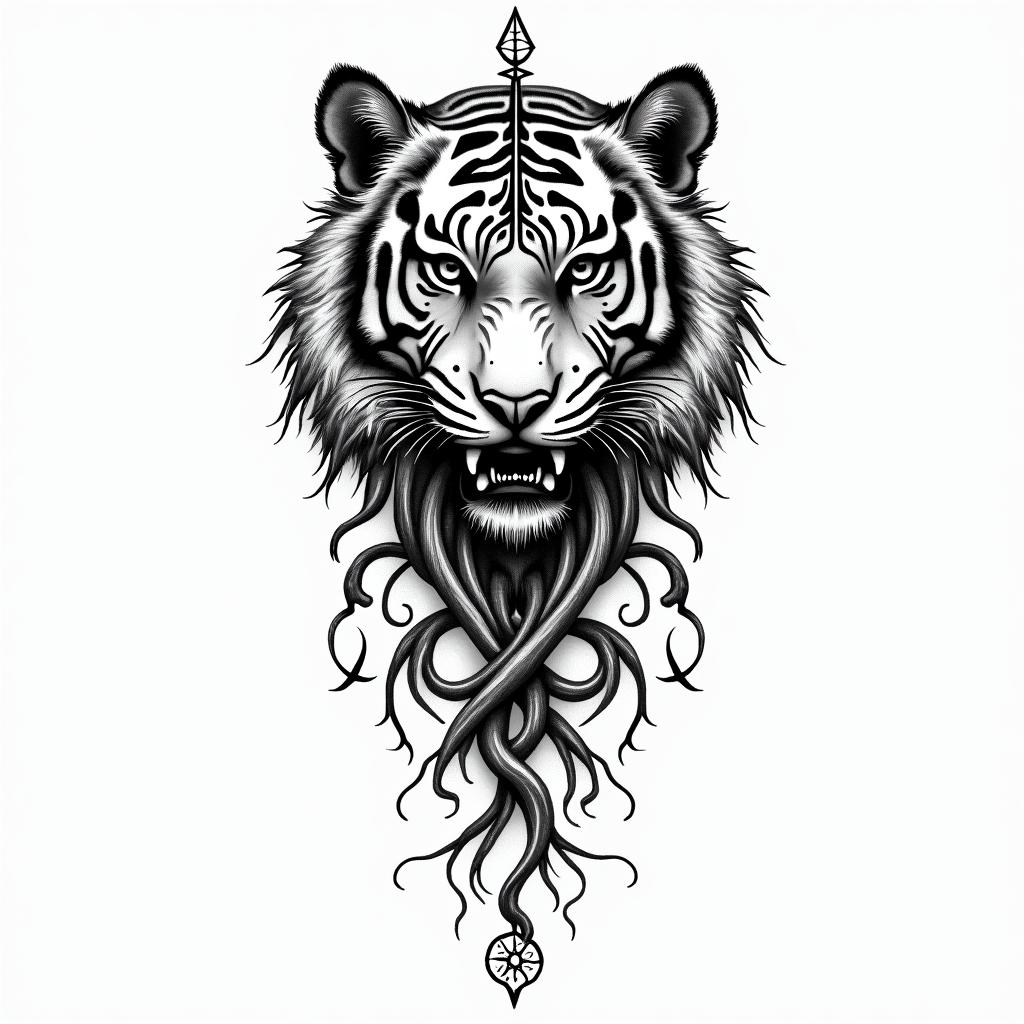 Tiger vinesin paganic style tattoo, featuring ancient symbols, add vegvisir symbol, mystical figures, incorporating designs, pentagrams, runes, crescent moons, - Variation 2