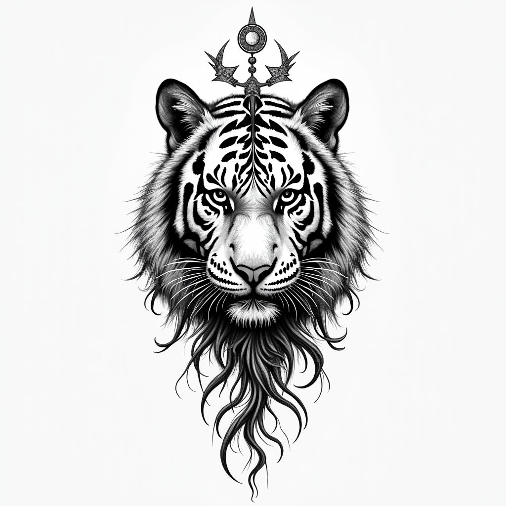 Tiger vinesin paganic style tattoo, featuring ancient symbols, add vegvisir symbol, mystical figures, incorporating designs, pentagrams, runes, crescent moons, - Variation 3