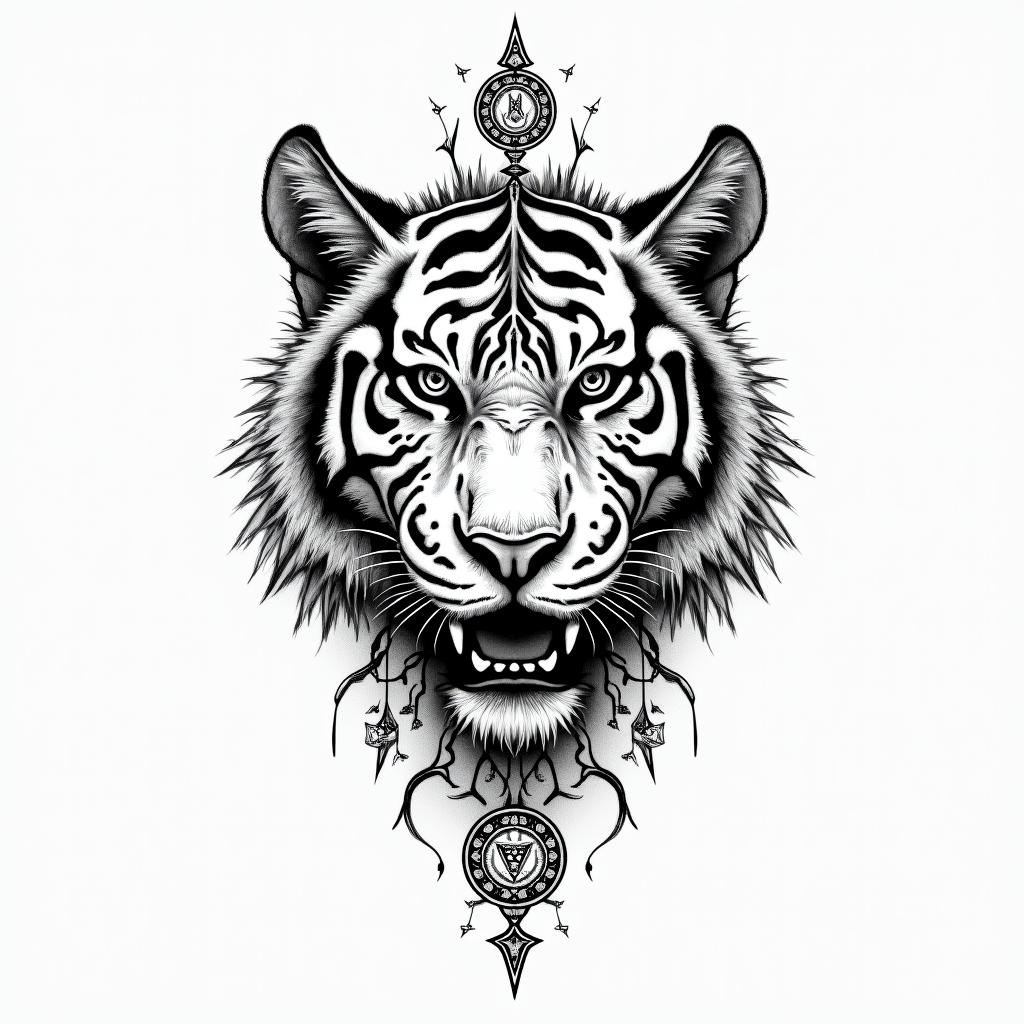 Tiger vinesin paganic style tattoo, featuring ancient symbols, add vegvisir symbol, mystical figures, incorporating designs, pentagrams, runes, crescent moons, - Variation 4