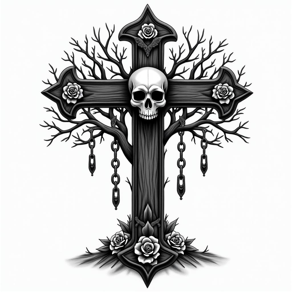 Tree of lifein chicano style tattoo, featuring intricate black and grey shading, bold elements of traditional chicano culture symbols, add a big cross with skull, chains and roses - Variation 3
