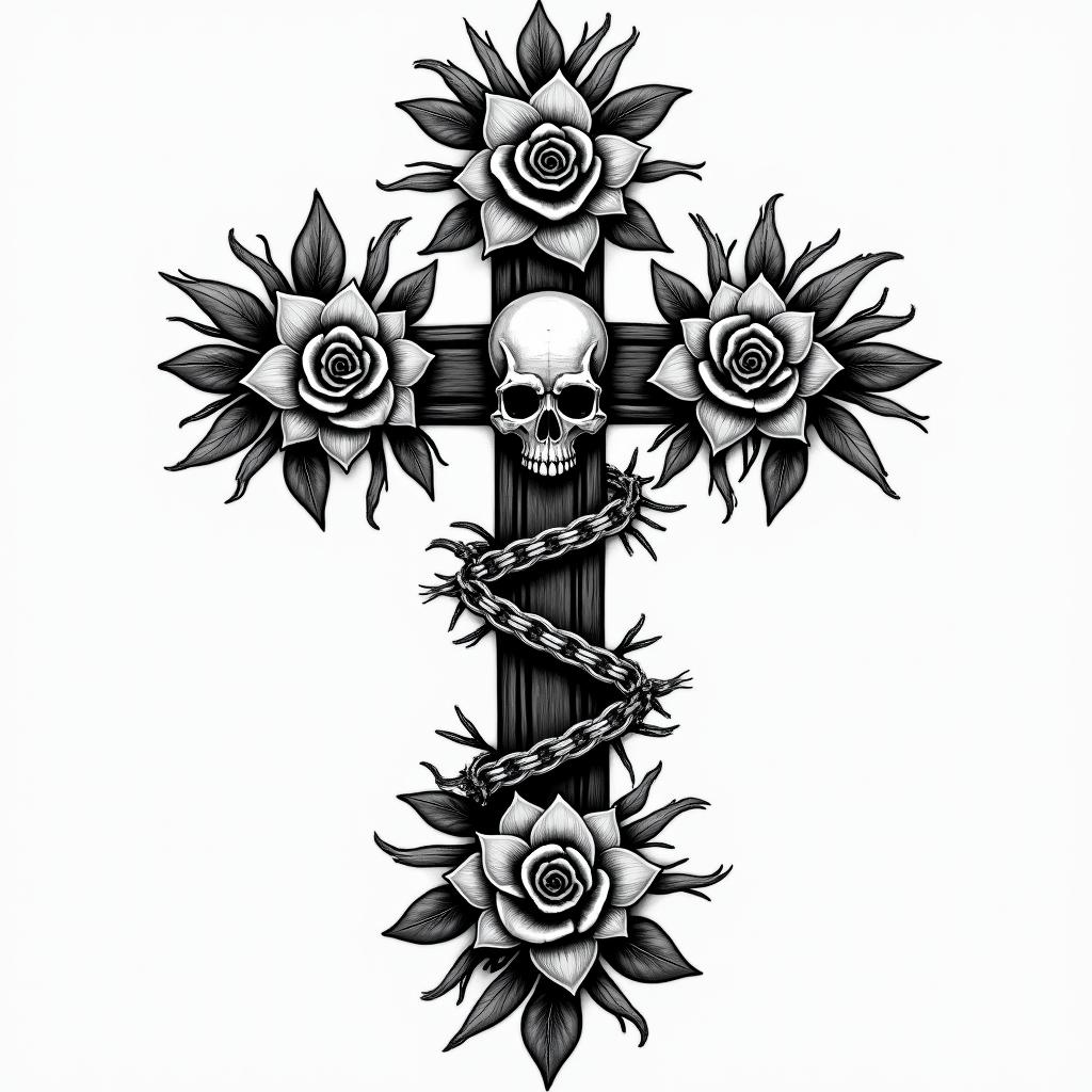 Tree of lifein chicano style tattoo, featuring intricate black and grey shading, bold elements of traditional chicano culture symbols, add a big cross with skull, chains and roses - Variation 2