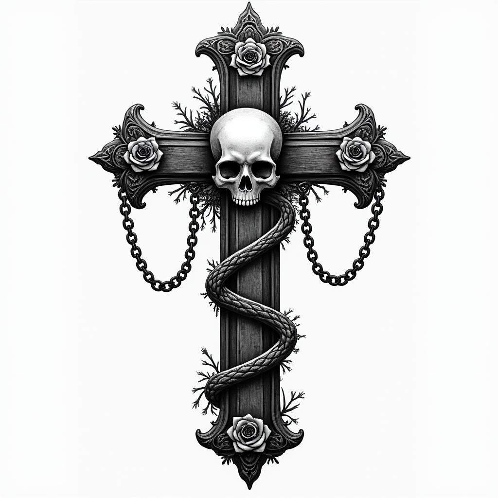 Tree of lifein chicano style tattoo, featuring intricate black and grey shading, bold elements of traditional chicano culture symbols, add a big cross with skull, chains and roses - Variation 4