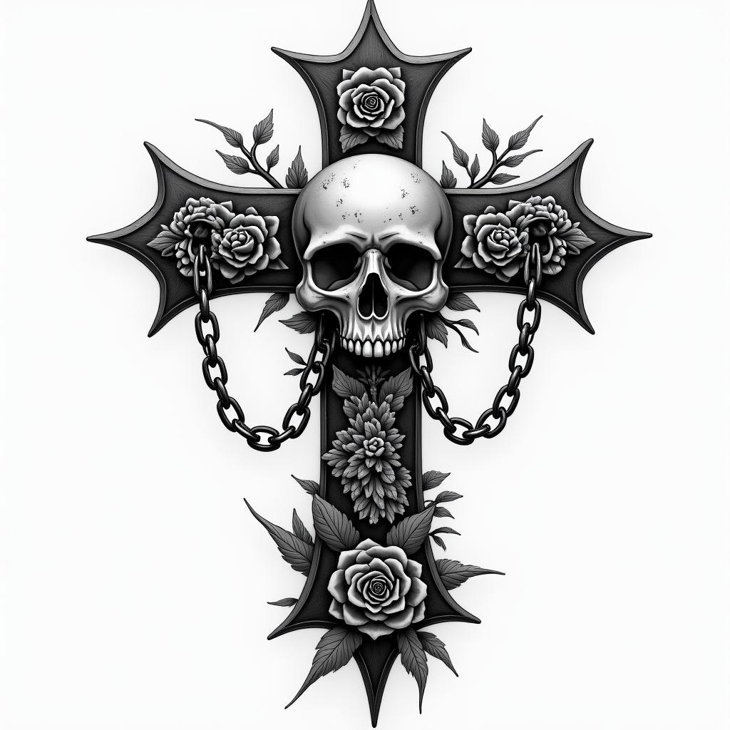 Tree of lifein chicano style tattoo, featuring intricate black and grey shading, bold elements of traditional chicano culture symbols, add a big cross with skull, chains and roses