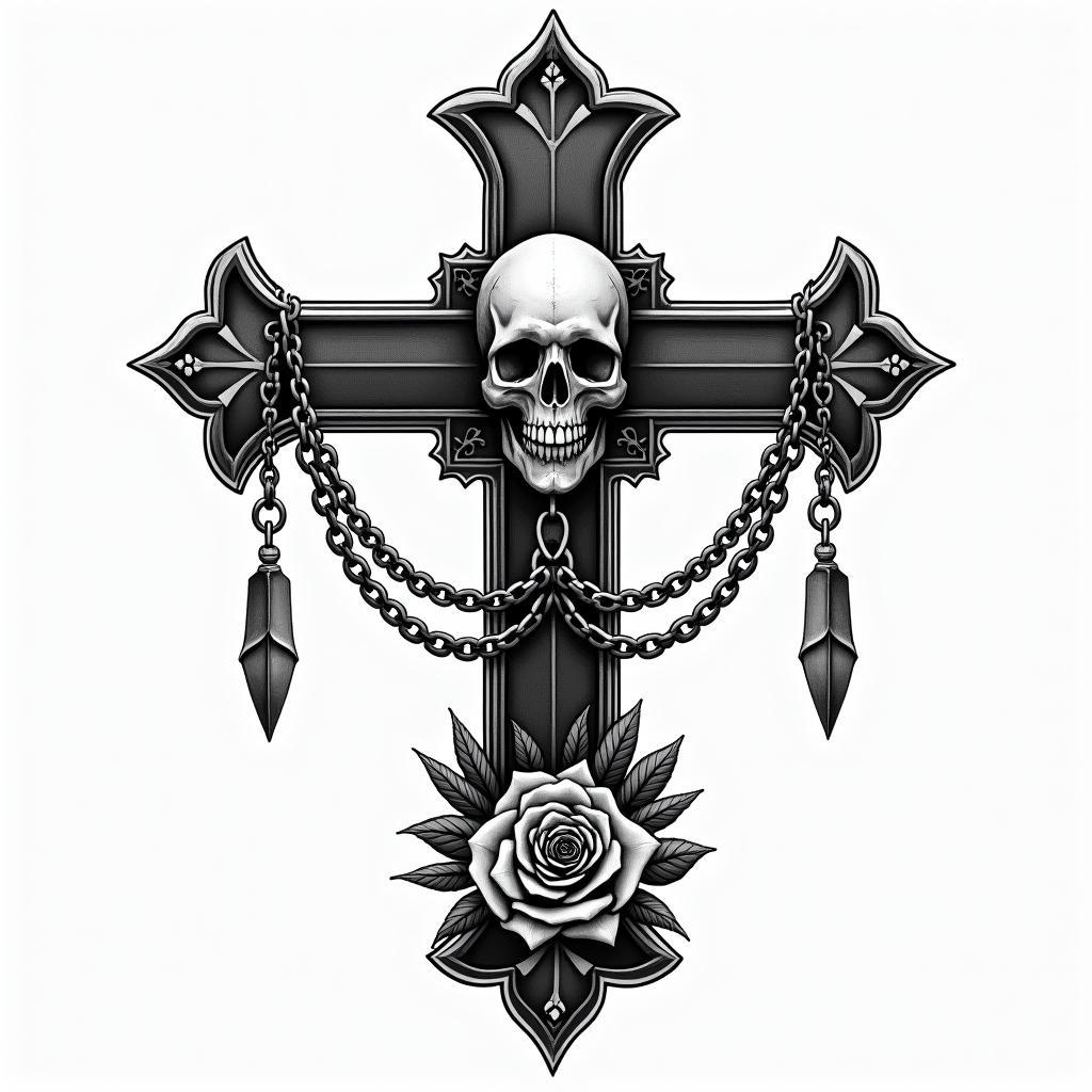 Scalein chicano style tattoo, featuring intricate black and grey shading, bold elements of traditional chicano culture symbols, add a big cross with skull, chains and roses - Variation 4