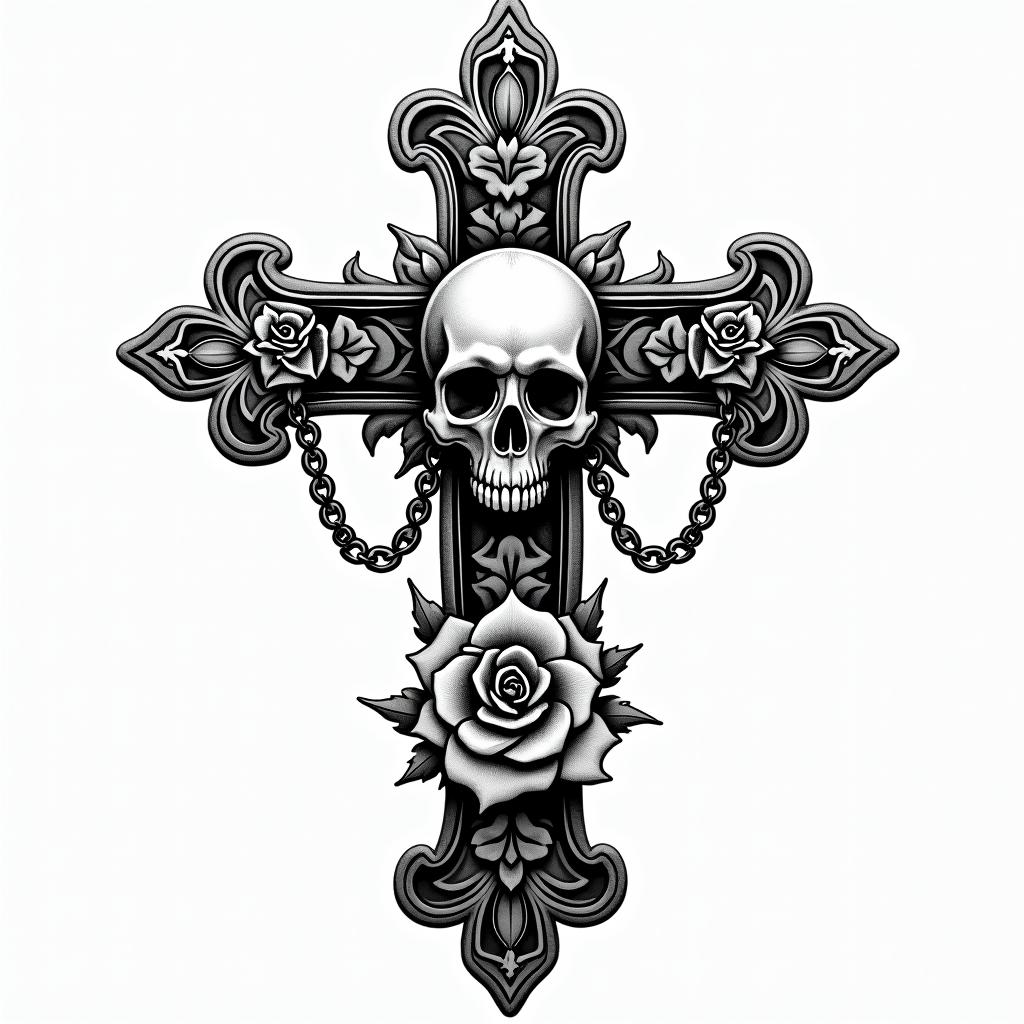 Scalein chicano style tattoo, featuring intricate black and grey shading, bold elements of traditional chicano culture symbols, add a big cross with skull, chains and roses - Variation 3