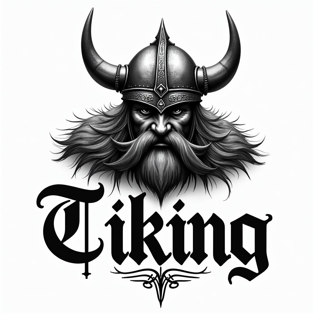 Fierce Viking with intricate helmet designtext-based tattoo, gothic font ultra-realistic, perfectly placed, high-quality font design, photo-realistic shading, 8k, high quality, finely detailed typography - Variation 2