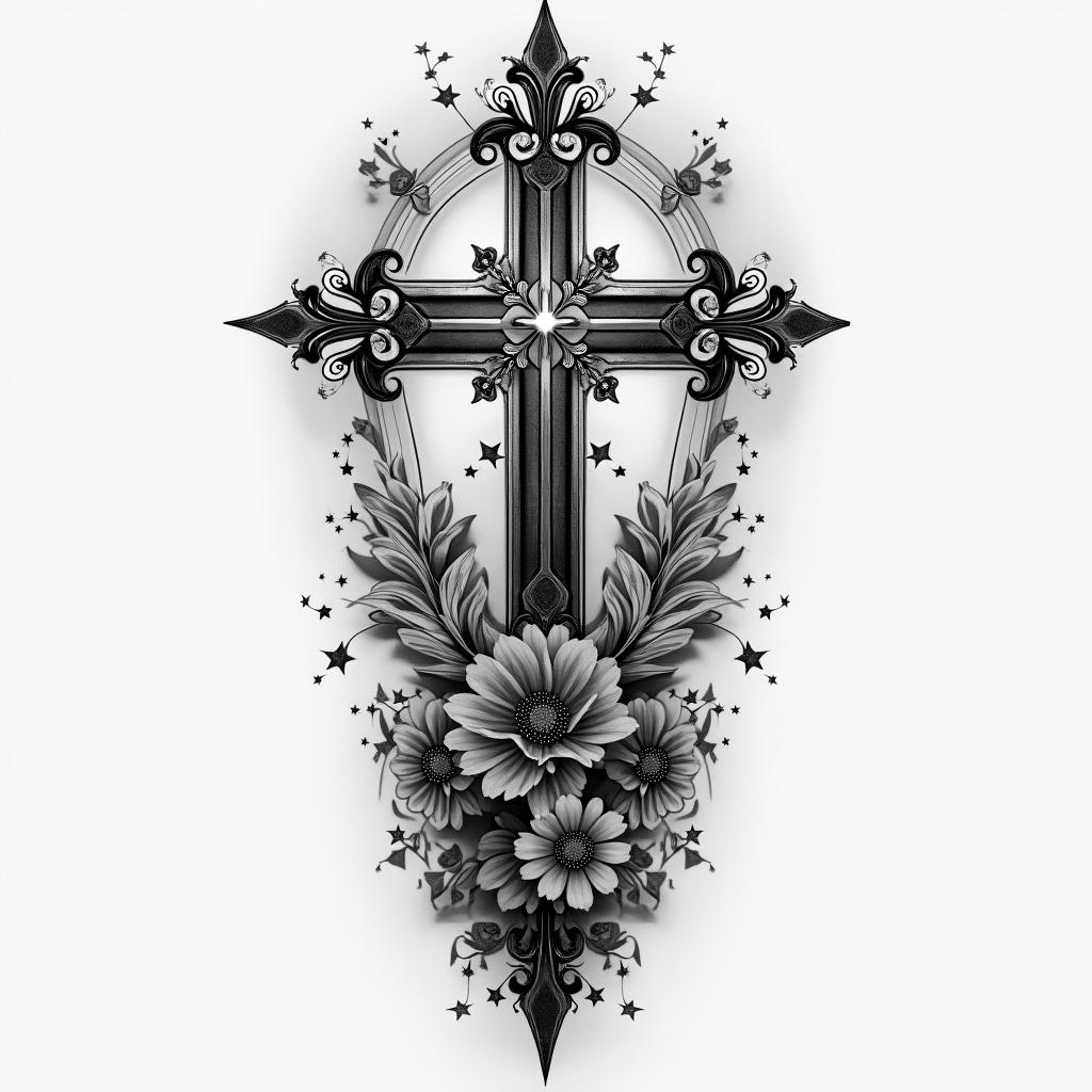 Make me a big arm tattoo with Honor her for all that her hands have done and let her works bring her praise at the city gate with Tina Marie with stars and crosshigly detailed tattoo - Variation 3