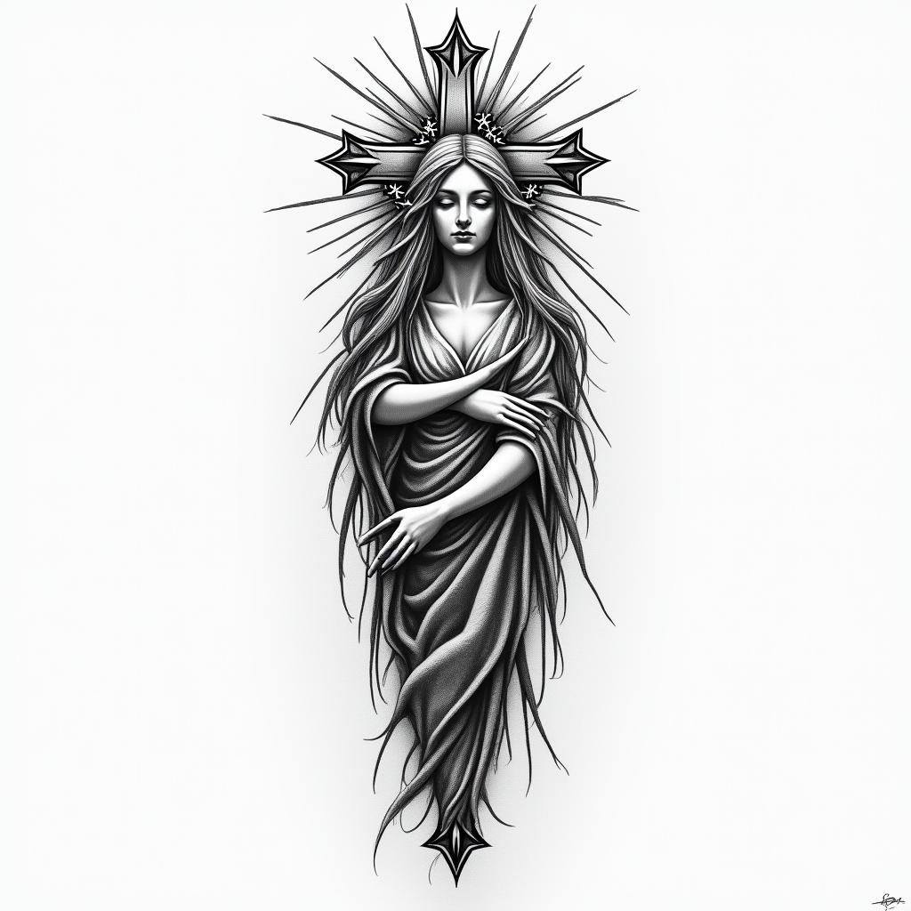 Make me a big arm tattoo with Honor her for all that her hands have done and let her works bring her praise at the city gate with Tina Marie with stars and crosshigly detailed tattoo