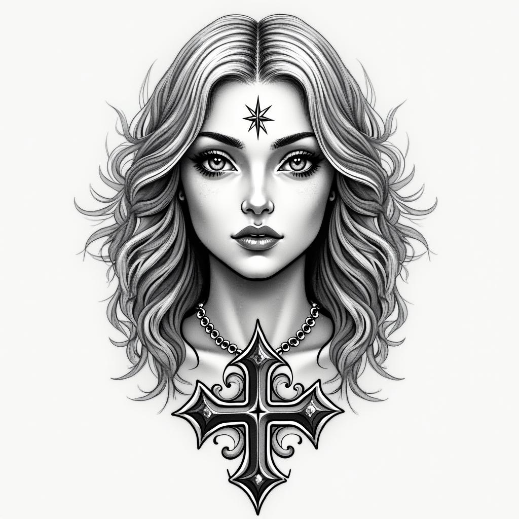 Make me a big arm tattoo with Honor her for all that her hands have done and let her works bring her praise at the city gate with Tina Marie with stars and crosshigly detailed tattoo - Variation 4