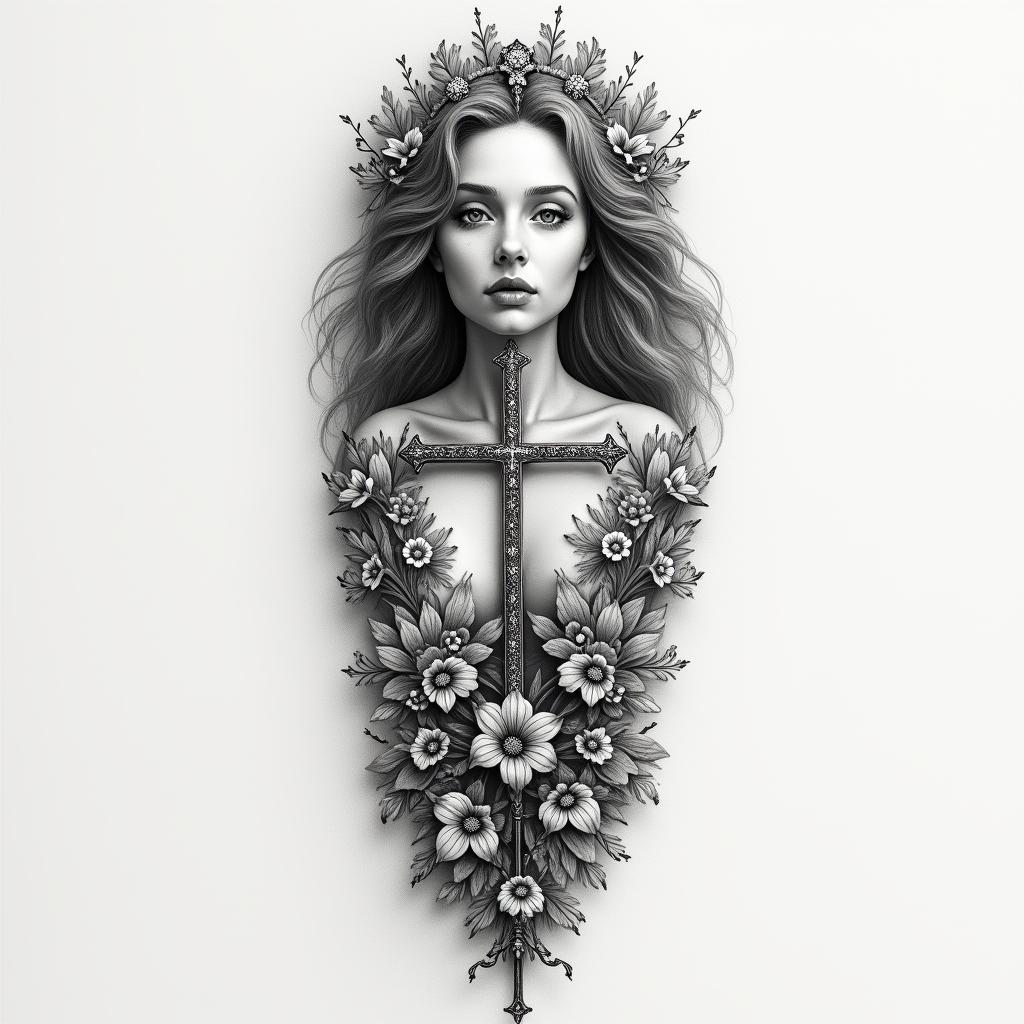 Make me a big arm tattoo with Honor her for all that her hands have done and let her works bring her praise at the city gate with Tina Marie with stars and crosshigly detailed tattoo - Variation 2