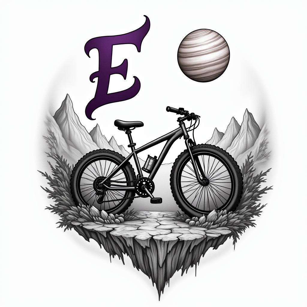A detailed abstract mountain bike with the planet Saturn above it, symbolizing lost dreams of children with a beloved, surrounded by mountains and a cursive letter 'E' in purple and black colors in the sky, evoking feelings of love and hope.higly detailed tattoo - Variation 28