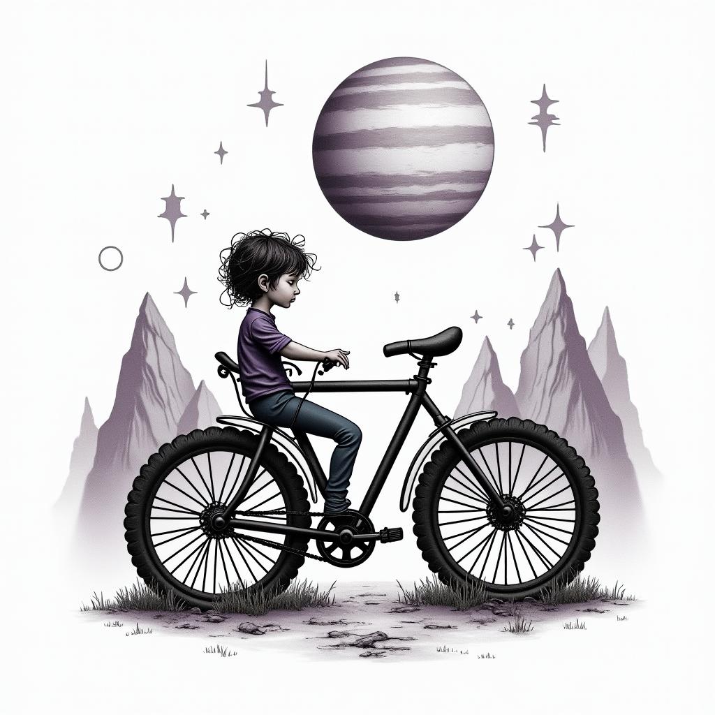 A detailed abstract mountain bike with the planet Saturn above it, symbolizing lost dreams of children with a beloved, surrounded by mountains and a cursive letter 'E' in purple and black colors in the sky, evoking feelings of love and hope.higly detailed tattoo - Variation 25