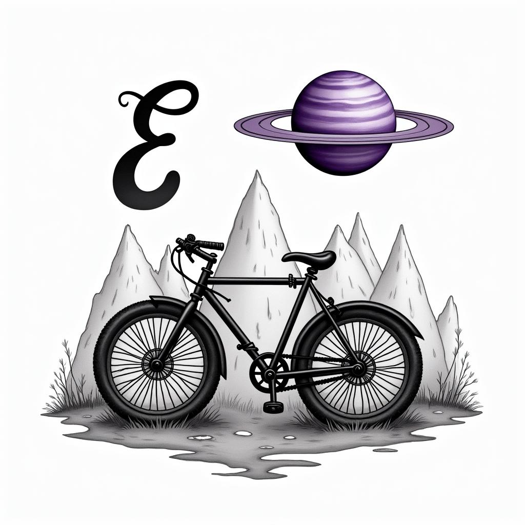 A detailed abstract mountain bike with the planet Saturn above it, symbolizing lost dreams of children with a beloved, surrounded by mountains and a cursive letter 'E' in purple and black colors in the sky, evoking feelings of love and hope.higly detailed tattoo - Variation 26