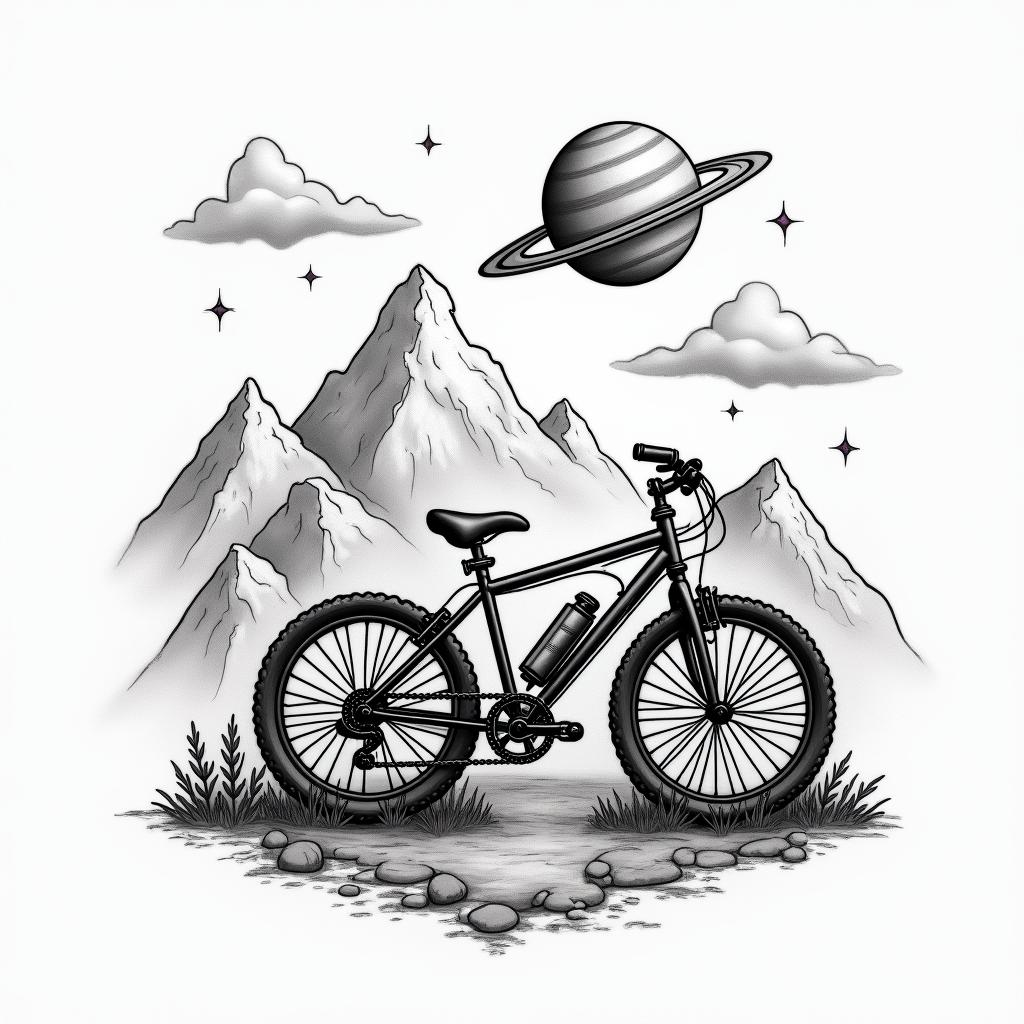 A detailed abstract mountain bike with the planet Saturn above it, symbolizing lost dreams of children with a beloved, surrounded by mountains and a cursive letter 'E' in purple and black colors in the sky, evoking feelings of love and hope.higly detailed tattoo - Variation 27