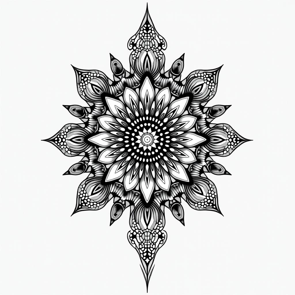 I would like to modify my existing tattoo.in dotwork style tattoo, complex mandala patterns, interlocking geometric shapes with sharp symmetry, clean lines, sharp angles - Variation 2