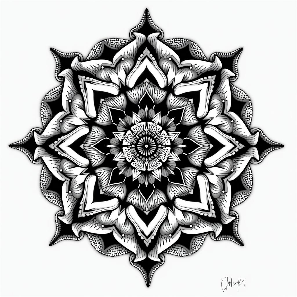 I would like to modify my existing tattoo.in dotwork style tattoo, complex mandala patterns, interlocking geometric shapes with sharp symmetry, clean lines, sharp angles - Variation 1