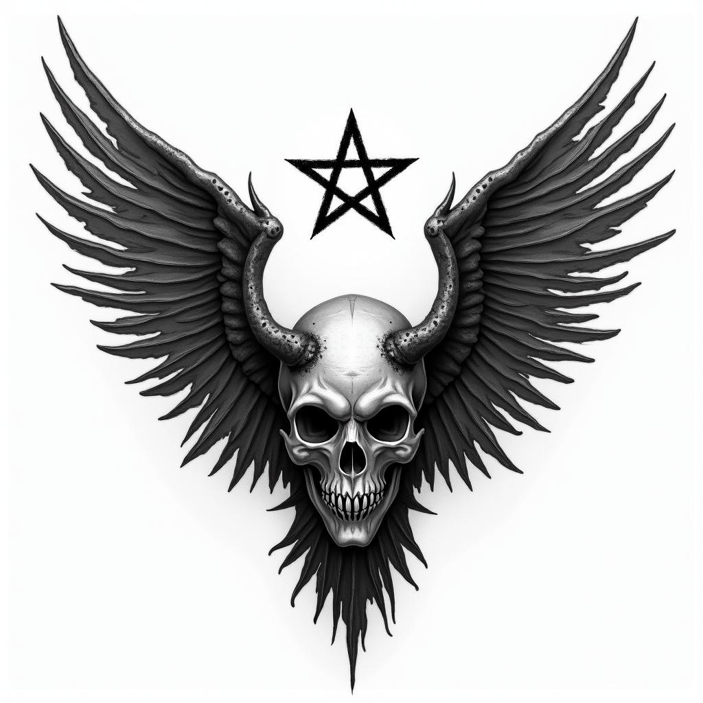 "Against broken wings":
This part establishes the context of facing hardship or setbacks, often represented by the imagery of "broken wings," which could symbolize physical or emotional wounds.
"A front afraid":
This highlights the initial apprehension or fear associated with attempting to overcome these obstacles.
"Rise anew":
This signifies the eventual triumph and renewal that comes from facing adversity and finding the strength to overcome the challenges.creepy horror tattoo style, featuring an eerie and unsettling skull of a demonic creature, distorted face with sharp fangs, add pentagram symbol - Variation 4