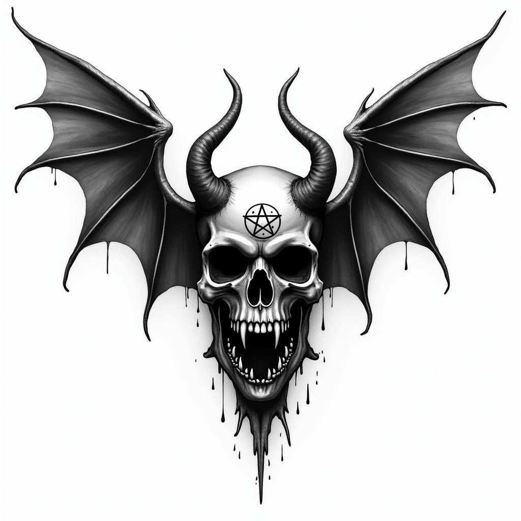 "Against broken wings":
This part establishes the context of facing hardship or setbacks, often represented by the imagery of "broken wings," which could symbolize physical or emotional wounds.
"A front afraid":
This highlights the initial apprehension or fear associated with attempting to overcome these obstacles.
"Rise anew":
This signifies the eventual triumph and renewal that comes from facing adversity and finding the strength to overcome the challenges.creepy horror tattoo style, featuring an eerie and unsettling skull of a demonic creature, distorted face with sharp fangs, add pentagram symbol - Variation 2
