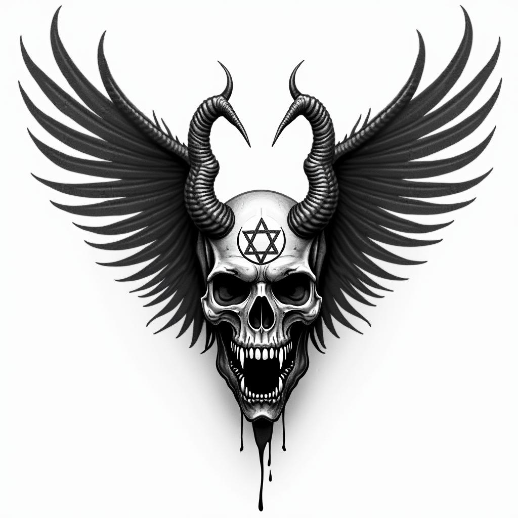"Against broken wings":
This part establishes the context of facing hardship or setbacks, often represented by the imagery of "broken wings," which could symbolize physical or emotional wounds.
"A front afraid":
This highlights the initial apprehension or fear associated with attempting to overcome these obstacles.
"Rise anew":
This signifies the eventual triumph and renewal that comes from facing adversity and finding the strength to overcome the challenges.creepy horror tattoo style, featuring an eerie and unsettling skull of a demonic creature, distorted face with sharp fangs, add pentagram symbol - Variation 3