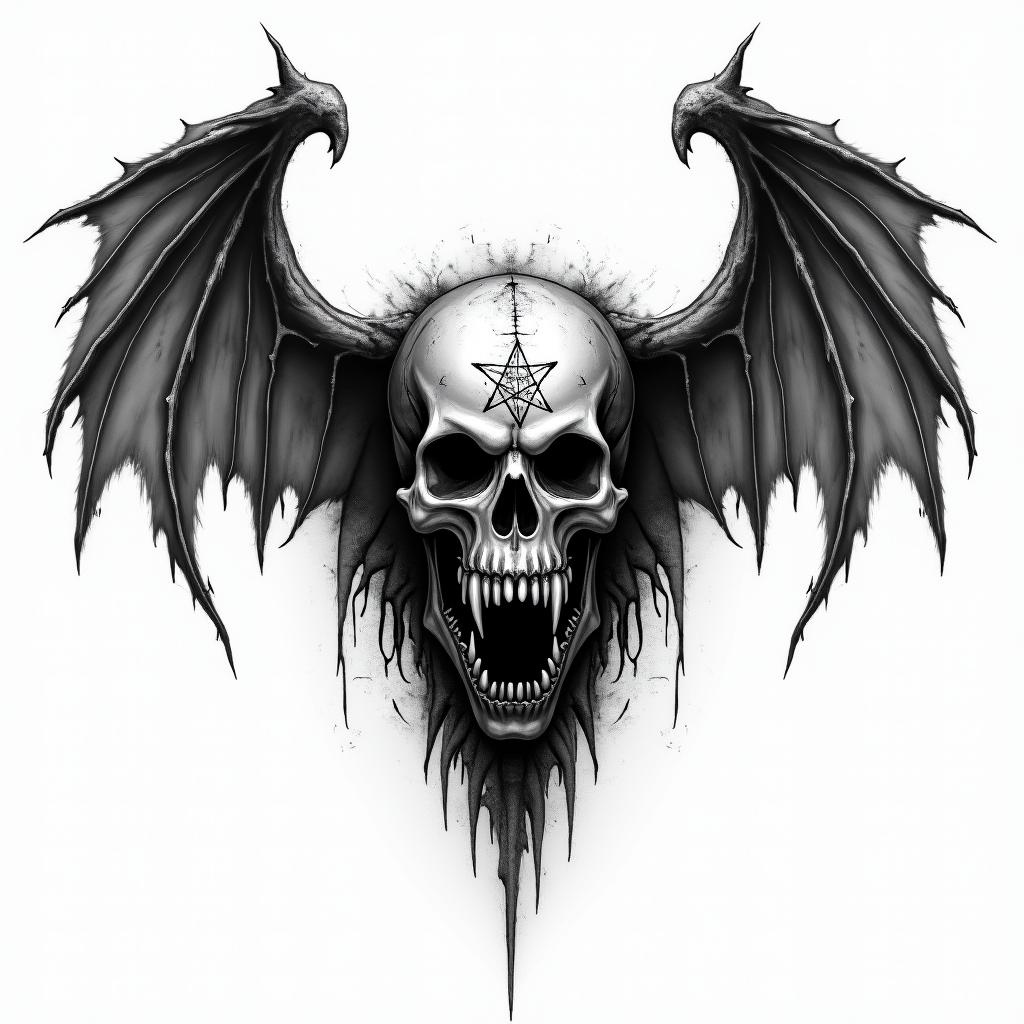 "Against broken wings":
This part establishes the context of facing hardship or setbacks, often represented by the imagery of "broken wings," which could symbolize physical or emotional wounds.
"A front afraid":
This highlights the initial apprehension or fear associated with attempting to overcome these obstacles.
"Rise anew":
This signifies the eventual triumph and renewal that comes from facing adversity and finding the strength to overcome the challenges.creepy horror tattoo style, featuring an eerie and unsettling skull of a demonic creature, distorted face with sharp fangs, add pentagram symbol