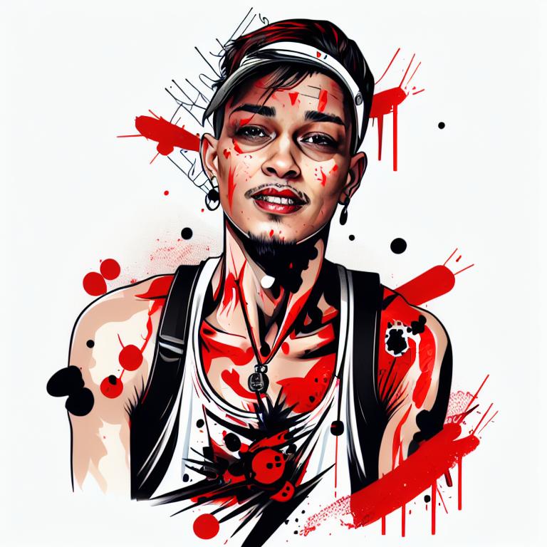 trash polka tattoo style, showcasing bold black and red ink with dynamic brush strokes and splatters. Incorporates abstract elements and expressive, chaotic lines on a solid white background. Detailed design with a high-contrast soft colored near white toned look, blending realism and abstraction to create an intense visual impactundefined - Variation 33