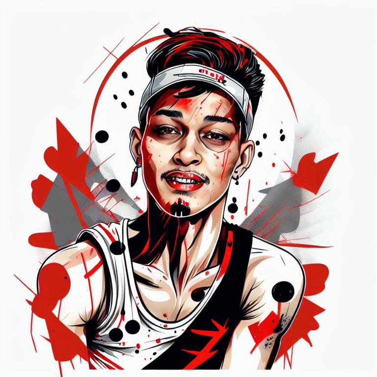 trash polka tattoo style, showcasing bold black and red ink with dynamic brush strokes and splatters. Incorporates abstract elements and expressive, chaotic lines on a solid white background. Detailed design with a high-contrast soft colored near white toned look, blending realism and abstraction to create an intense visual impactundefined - Variation 34