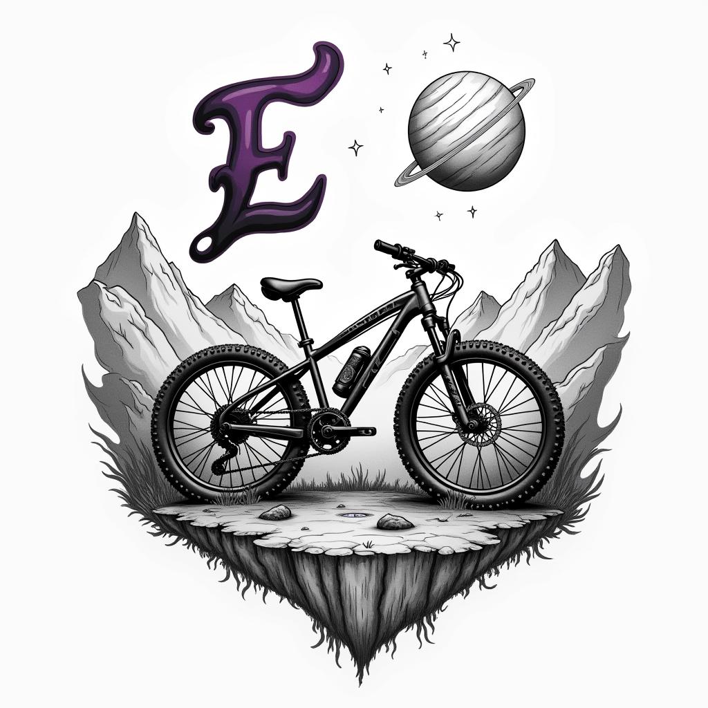 A detailed abstract mountain bike with the planet Saturn above it, symbolizing lost dreams of children with a beloved, surrounded by mountains and a cursive letter 'E' in purple and black colors in the sky, evoking feelings of love and hope.higly detailed tattoo - Variation 23