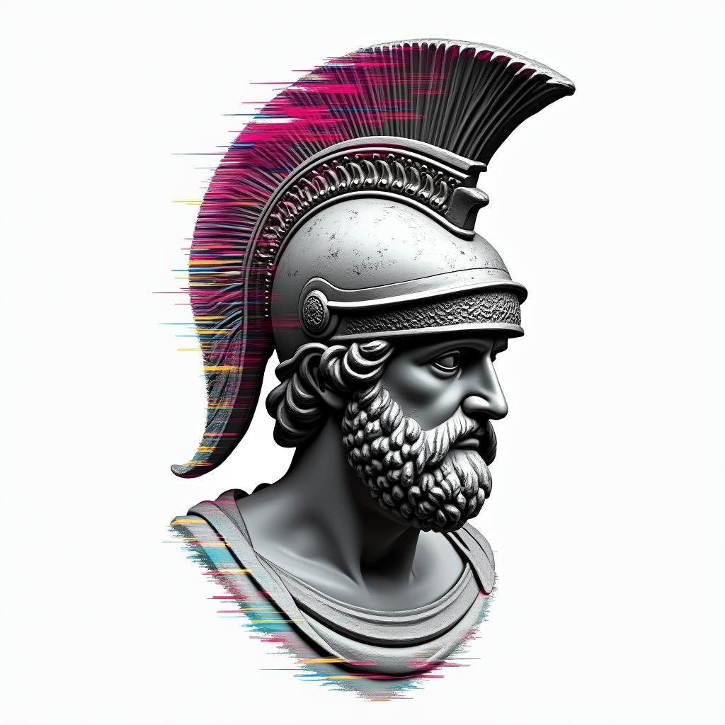 Roman helmetin distorted and fragmented tattoo design, featuring a classical statue bust, in a glitch art style with vibrant, overlapping colors of cyan, magenta, and yellow, creating a digital distortion effect