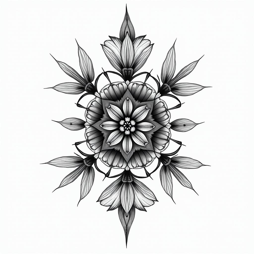 Bees on hive with gladiolus and poppy flower in geometric style tattoo, blending hexagons, mandala-inspired patterns, symmetrical and fractal design, clean lines, sharp angles - Variation 4
